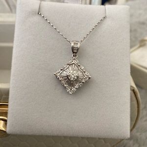 🪞 NEW 18k solid white gold real diamond faceted necklace pendant set
